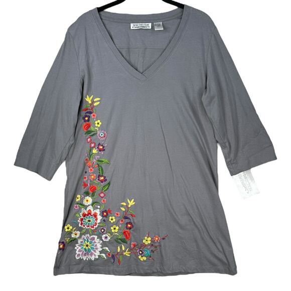 New Direction Tunic Top Womens Large Embroidered Floral Cotton Knit Boho Cottage - Picture 1 of 7